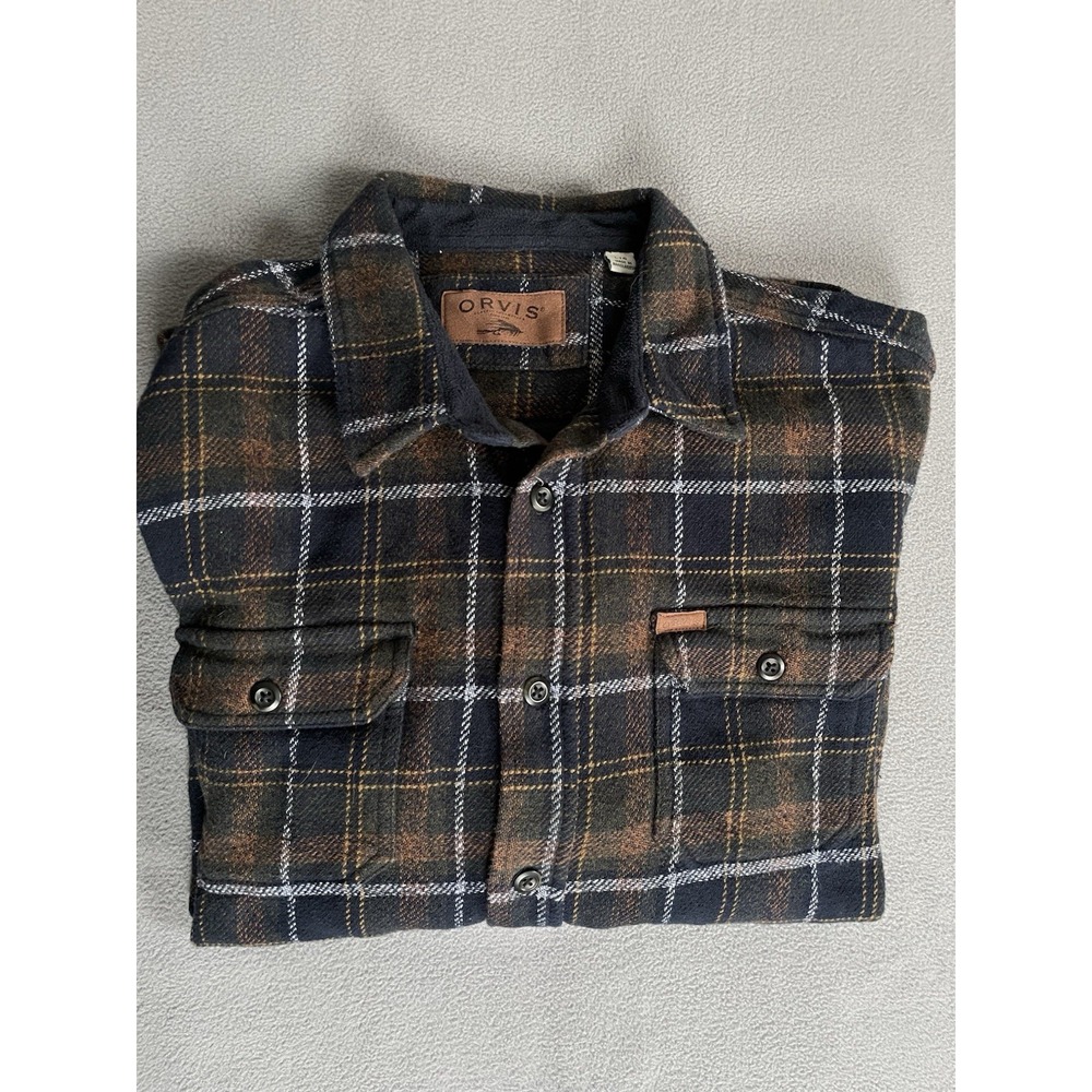 Orvis Shirt Mens Large Brown Plaid‎ Heavy Flannel Side Pockets Shacket